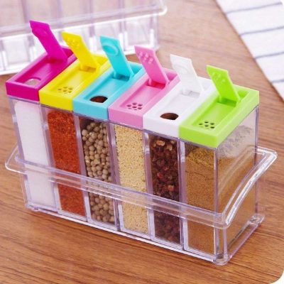 Transparent Spice Jar Colorful Lid Seasoning Box Set Of 6pcs